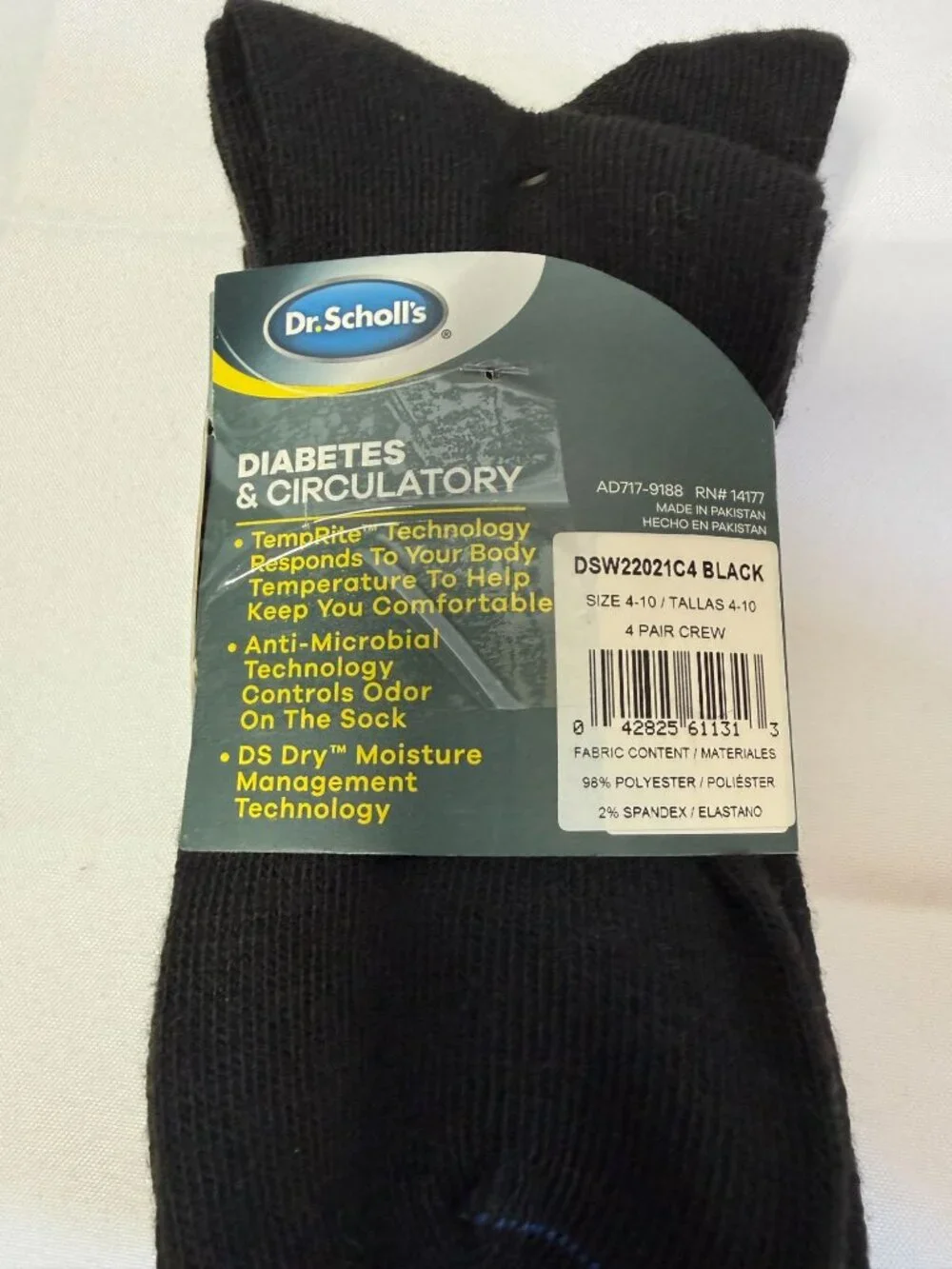 NWT‎ Dr. Scholls Womens Socks 4 Pack Crew Diabetes Circulatory Non Binding Black
